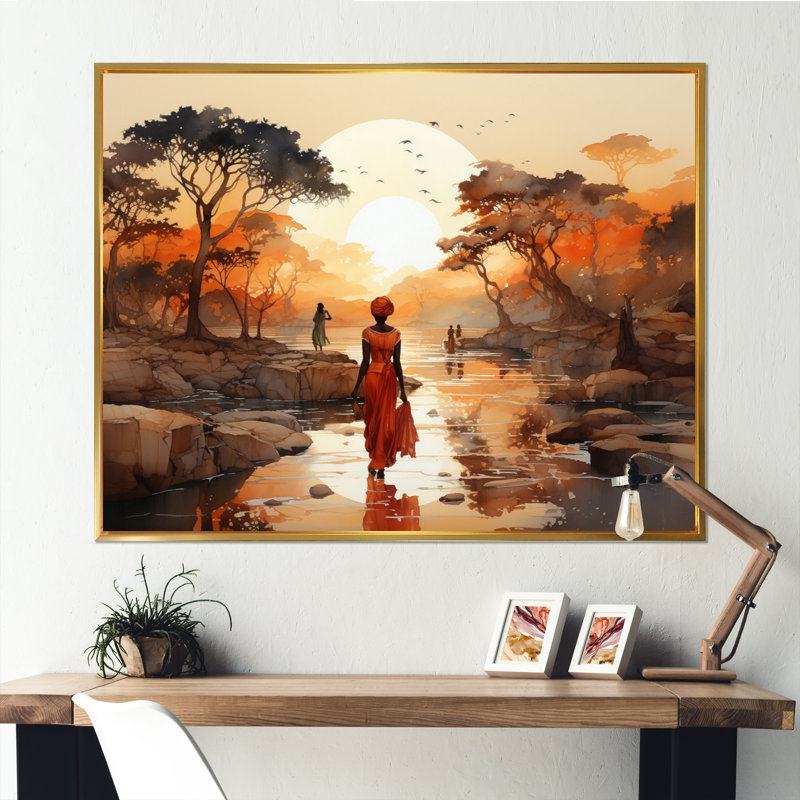 African Journey On Canvas Print, 24" H x 32" W, Floater Framed Print, Gold