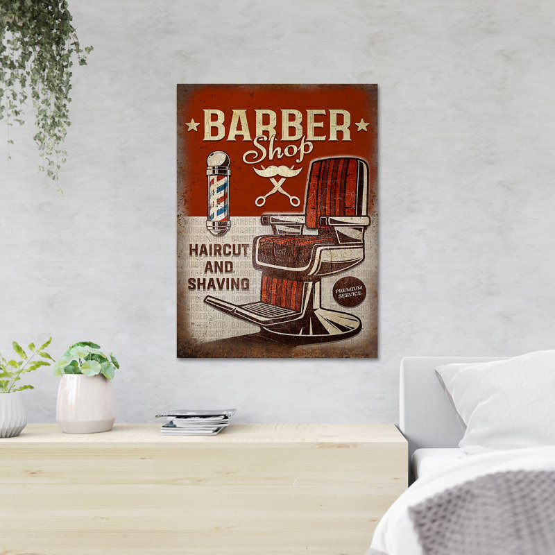 Une chaise dans un salon de coiffure - coupe de cheveux et rasage - 1 pièce, impression d'art graphique rectangulaire sur toile tendue