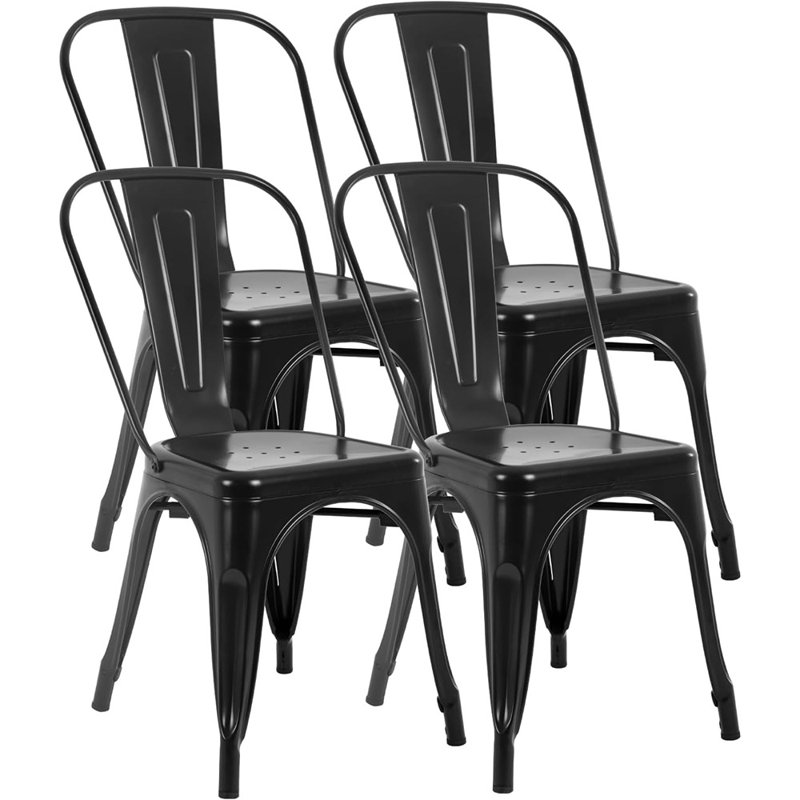 Chaises de salle à manger en métal | Ensemble de 4 | Noir | Chaises d'appoint empilables avec dossier Tolix | Résistant aux rayures | Pieds antidérapants | Utilisation intérieure / extérieure | Capacité de 330 lb | Pour la cuisine et le restaurant