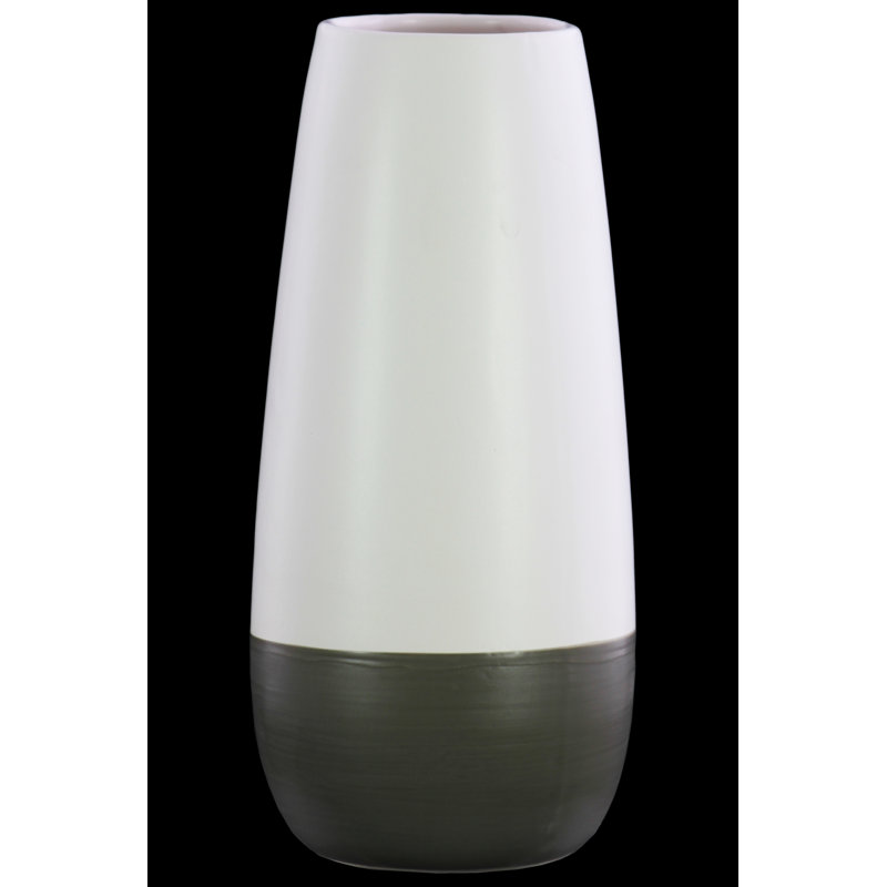 Stoneware Cylinder Vase with Tapered Bottom on Grey Banded Rim Base LG Matte Finish White, 12.5" H x 5.75" W x 5.75" D