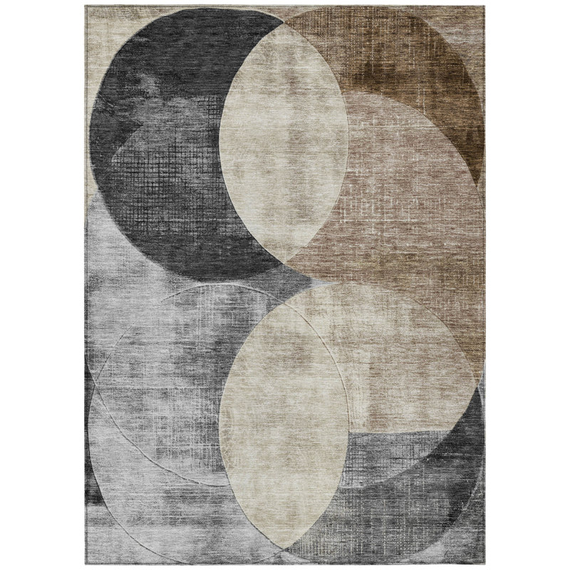3' X 5' Pewter Brown And Charcoal Geometric Washable Indoor Outdoor Area Rug