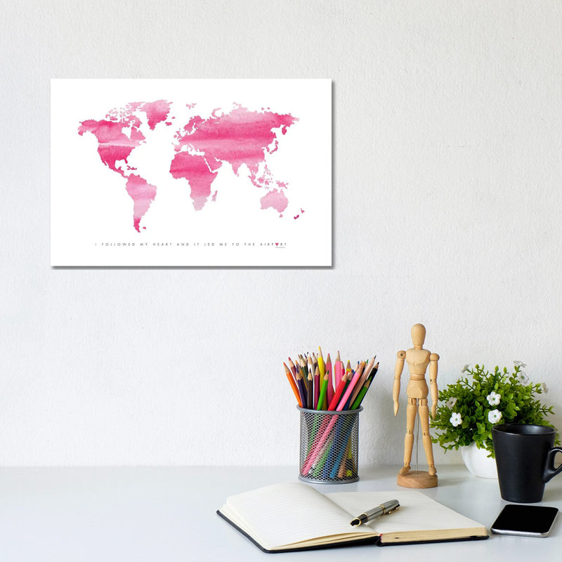 World Map Pink by Mercedes Lopez Charro - Wrapped Canvas Gallery-Wrapped Canvas Giclée, 20.32 cm H x 30.48 cm W