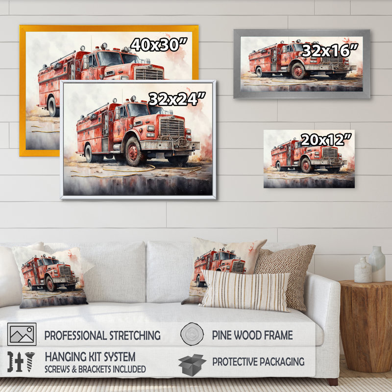 Fiery Pursuit II - camion de pompiers, impression sur toile, L 32 po x H 24 po, Encadrement doré