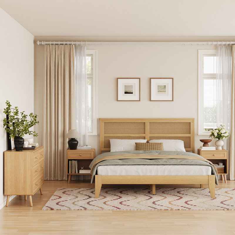 Ensemble de chambre à coucher 3 pièces, ensemble de commode à 6 tiroirs avec table de chevet et 2 bords arrondis