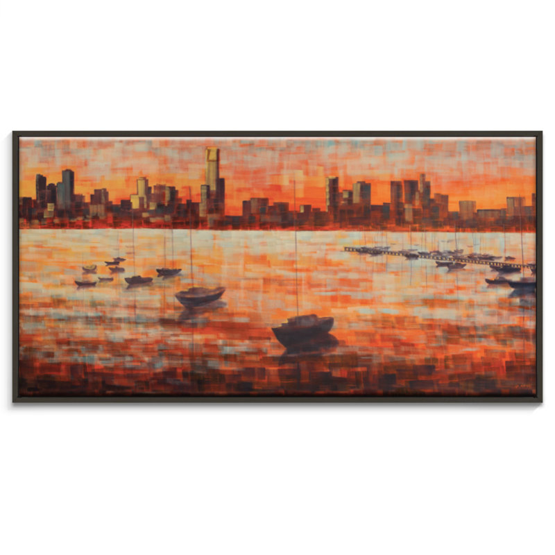 CBD Sunset From Williamstown by Jennifer Webb - Wrapped Canvas Print, Orange/Black