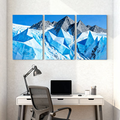 Scénario et paysages urbains, montagnes de glace géométriques, ciel bleu, ensemble de 3 impressions sur toile