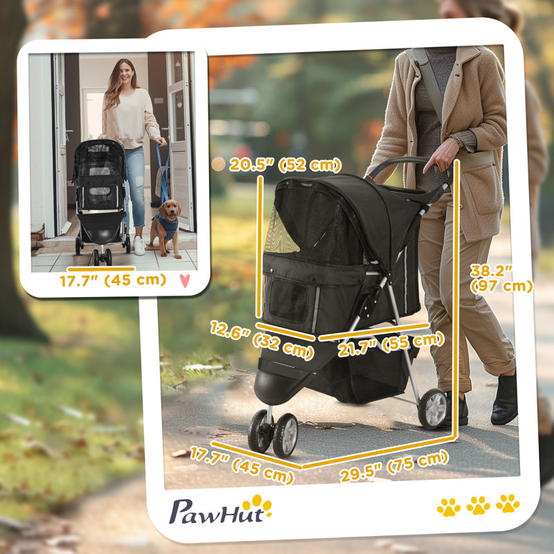 Poussette pour animaux de luxe à 3 roues avec frein, auvent, porte-gobelets (noir)