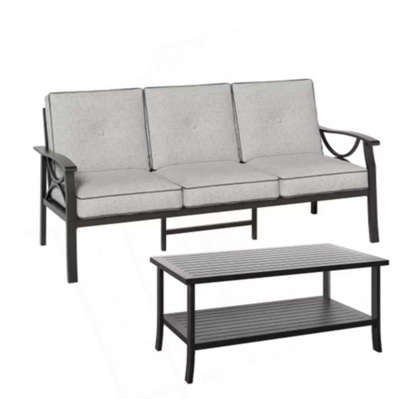 2 Piece Outdoor Patio Set, 70” All-Weather Metal 3-Seat Metal Patio Sofa And Rectangular Coffee Table , Black Frame With Gray Cushions