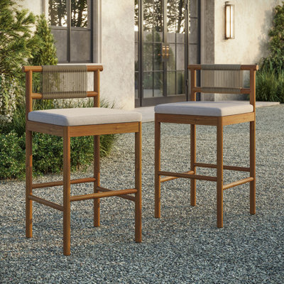Akeya Outdoor Teak Wood Bar Stools Set Of 2 In Natural Sail