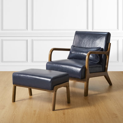 Mid-Century Modern Leatherette Accent Stool And Chair With Walnut Rubberwood Legs