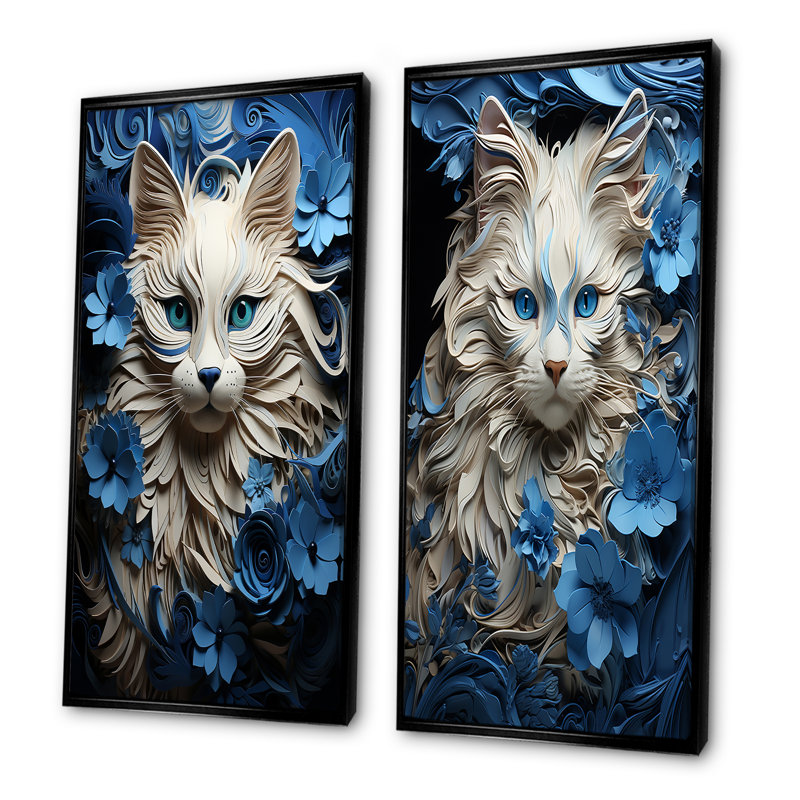 Ensemble de 2 impressions sur toile blanches et bleues, H 40 po x l 41 po, Cadre flottant noir