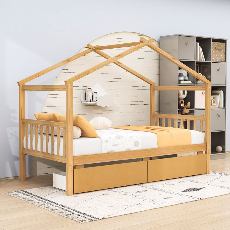Lit simple en bois avec deux tiroirs de rangement Autym, Naturel