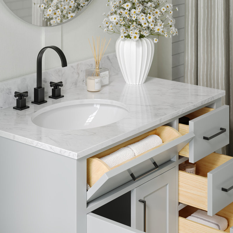 Meuble-lavabo simple Jameal de 36 po en bois massif avec comptoir en marbre de Carrare de 0,75 po et lavabo ovale dÃ©calÃ© Ã  droite