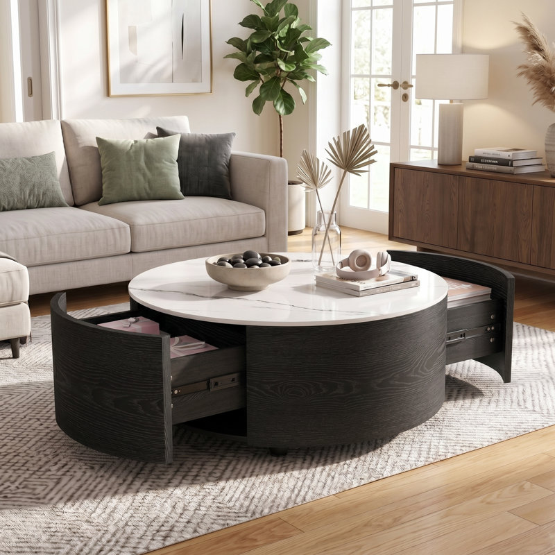 Table basse ronde 29,5 po moderne avec plateau en pierre frittée à motif marbré, 2 tiroirs, roulettes, mobile, facile à assembler