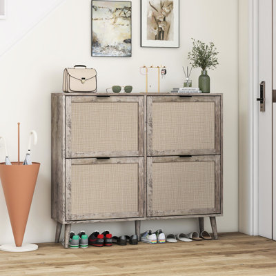 Range-chaussures pour hall d'entrée 4 portes, couleur gris foncé, capacité de 88 lb, d'ingénierie, double couche, barre horizontale, rangement pratique et attrayant, armoire autoportante, arrangement de double couche de charge,