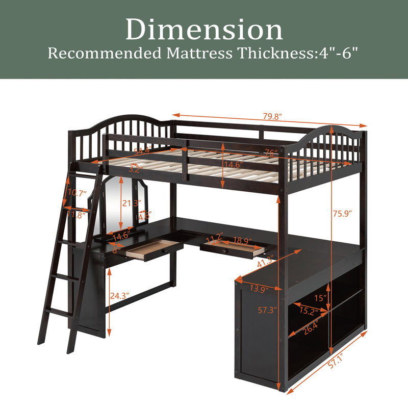 Lit mezzanine double en bois avec bureau en U, compartiments de rangement et miroir à trois volets, Espresso