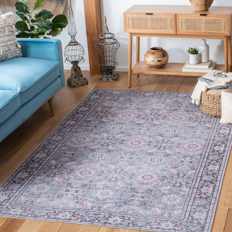 Serapi Grey and Pink Viscose Chenille 4' x 6' Washable Rug