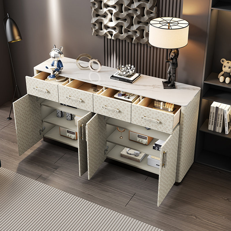 Armoire de rangement de salon de luxe avec plateau en ardoise, Blanc cassé