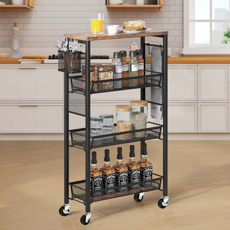 4-Tier Slim Storage Kitchen Cart With Wheels, Mobile Utility Cart With Wooden Tabletop And Mesh Baskets