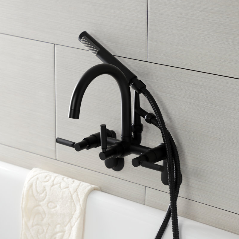 Kingston Brass Kaiser Three-Handle 2-Hole Tub Wall Mount Clawfoot Tub Faucet with Hand Shower, Matte Black