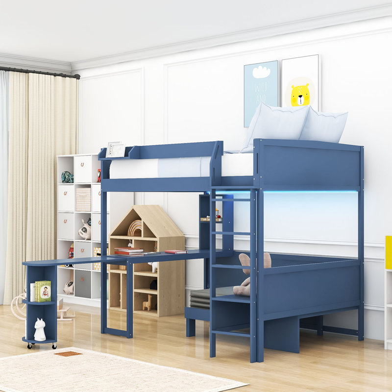 Lit mezzanine en bois avec bureau, tablette de rangement, canapé et lumière, Marine
