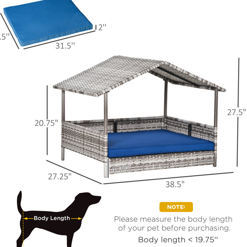 Niche pour chien - avec auvent, bleu foncé, coussin d'eau pour les petits et moyens chiens