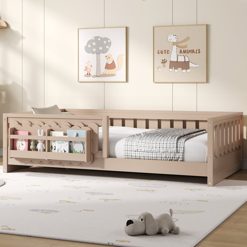  Twin Wood Platform Bed with Guardrail and 2 Bookshelves, Natural, Beige, Twin