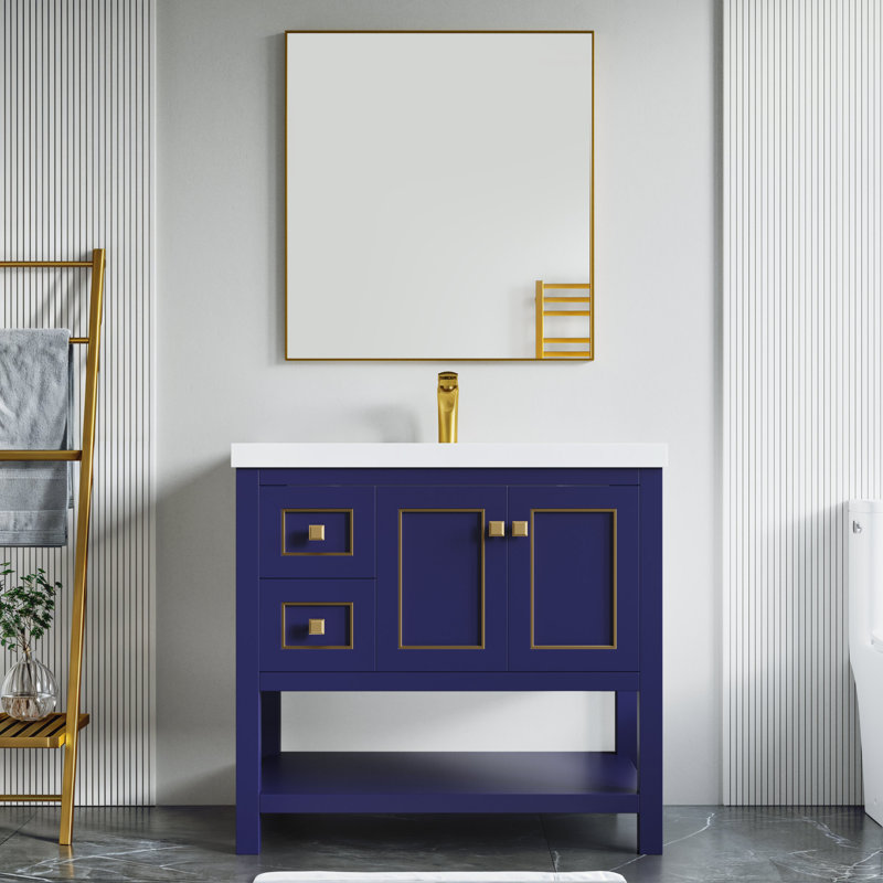 Thome 37'' Single Bathroom Vanity with Resin Top, Blue, Brushed Brass