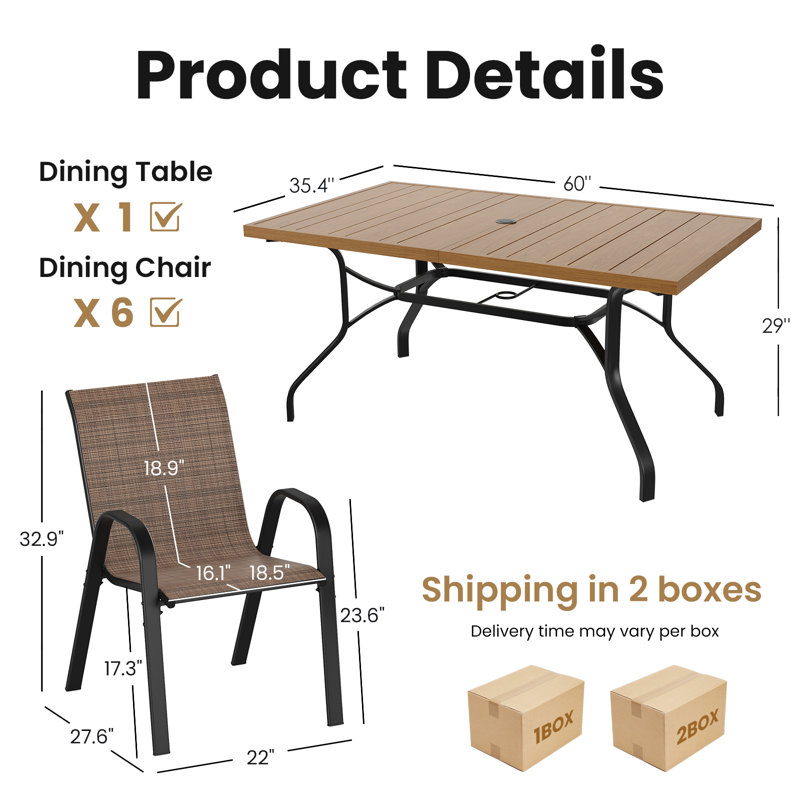 Ensemble de salle à manger de patio pour 6 personnes avec table rectangulaire de 60 pouces et 6 fauteuils empilables, Brun
