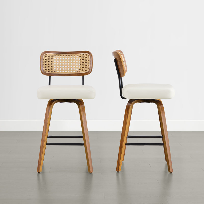 Upholstered Swivel Counter Stool with Walnut Bentwood Frame, White, 2