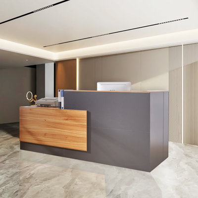 Bureau de réception moderne en forme de L avec classeur verrouillable et plateau à clavier - Comptoir de réception en bois de 86,6 po de largeur pour le bureau, le hall d'hôtel et le restaurant, à droite