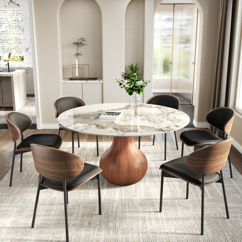 Otelia 7Pcs Dining Set Wide Seats For 4/6/8/10, 29.52" H x 59" W x 59" D, Black, Glossy Amber