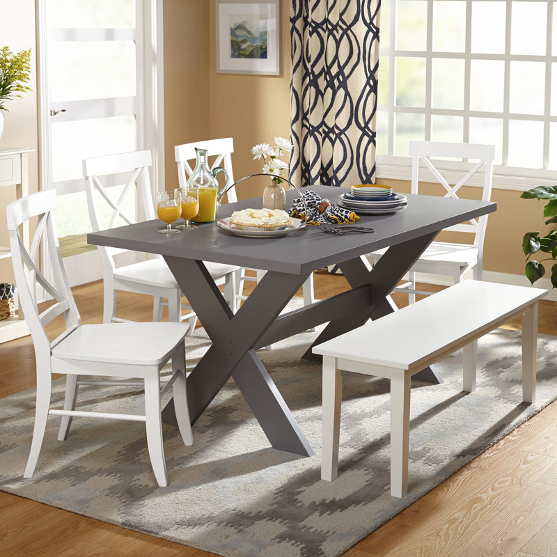 Ensemble repas pour 6 personnes Bengte, 6 (1 table + 4 chaises + 1 banc), Gris, Blanc