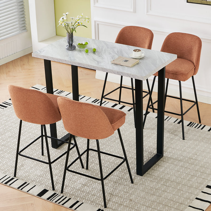 Padded Fabric Upholstered Bar Stools with Footrest Spring Cushion , Orange