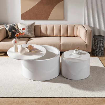 Ensemble de 2 tables basses rondes ondulées modernes avec rangement dissimulé, entièrement assemblées