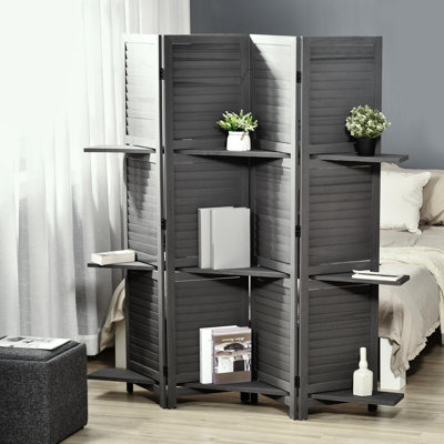 4 Room Privacy Divider Screen, 5.6 Ft Gray With Storage, Rustic Wood Look Folding Screen Panels, Storage Shelves For Bedroom/Office,