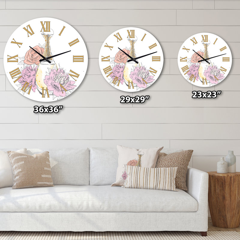 Bouteille de parfum et bouquet de fleurs I - Horloge murale traditionnelle, Moyenne