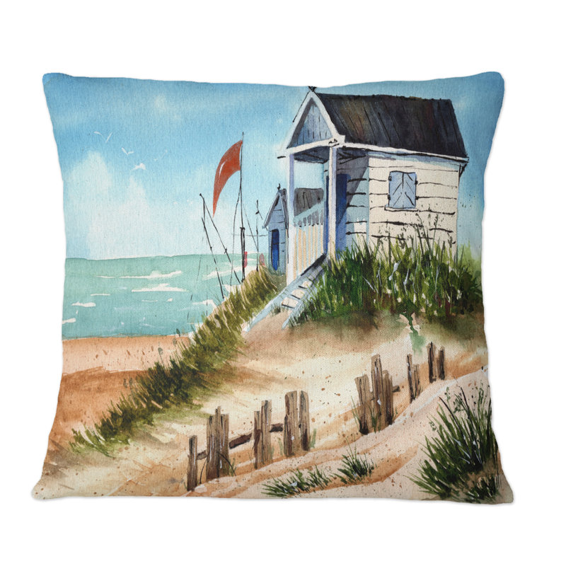 Petit coussin sur le rivage avec vieille clôture - Coussin décoratif imprimé nautique et côtier, 16 po x 16 po
