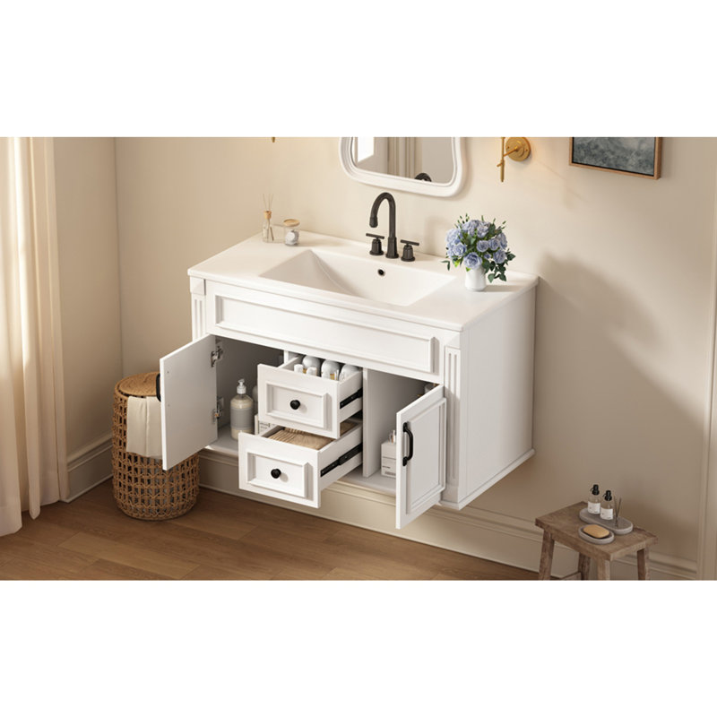 Armoire de salle de bain avec lavabo en céramique et tiroirs, White