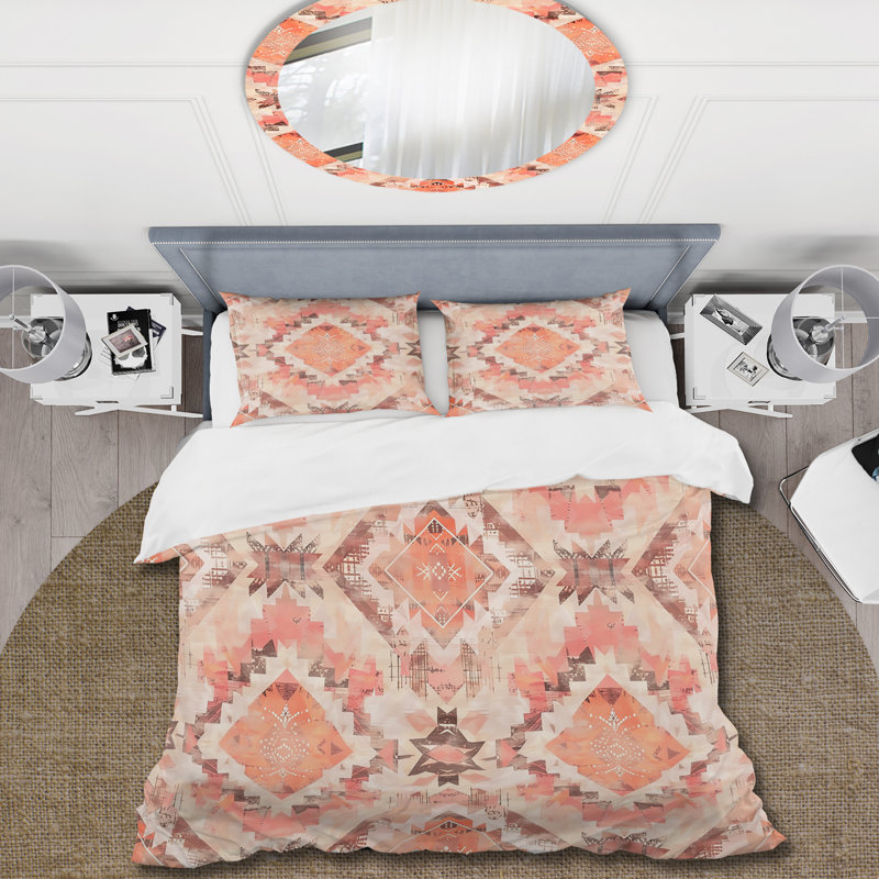 Ensemble de housse de couette Peach Boho Pastel Warm Pattern II - Boho, Housse de couette pour grand lit + 2 taies décora