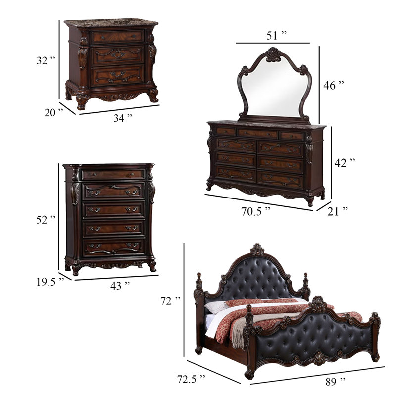 Ensemble de chambre à coucher grand 5 pièces Moni, bois massif brun cerise, 2 tables de chevet, Noir / cerisier brun