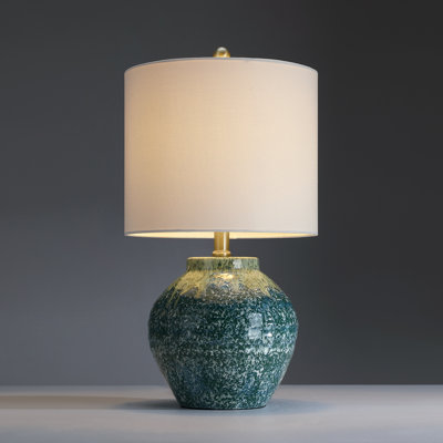 Lampe de table en céramique verte avec abat-jour tambour