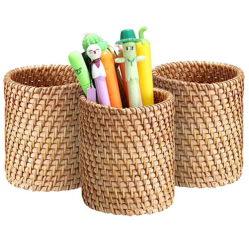 3 Pack Rattan Pen Cup, Handmade Desk Pencil Holders Makeup Brush Holder Multi-Functional Woven Basket Office&Home Desktop Organizer (Cylinder)