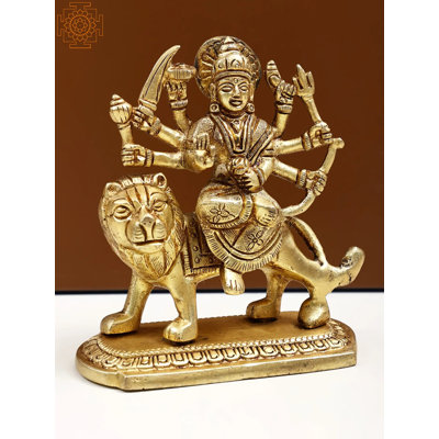 4" Small Brass Goddess Durga Maa Statue – Handcrafted Ashtabhuja Form on Lion for Protective Home Altar Décor