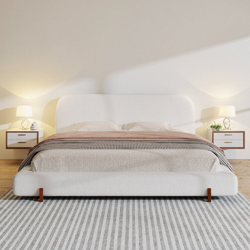 Élégant cadre de lit tapissier très grand: tissu chenille blanc avec pieds en bois d'hévéa massif, Blanc