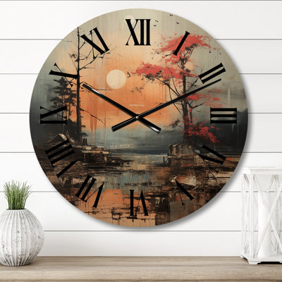 Horloge murale orange sur fond orange, paysage asiatique surdimensionné II