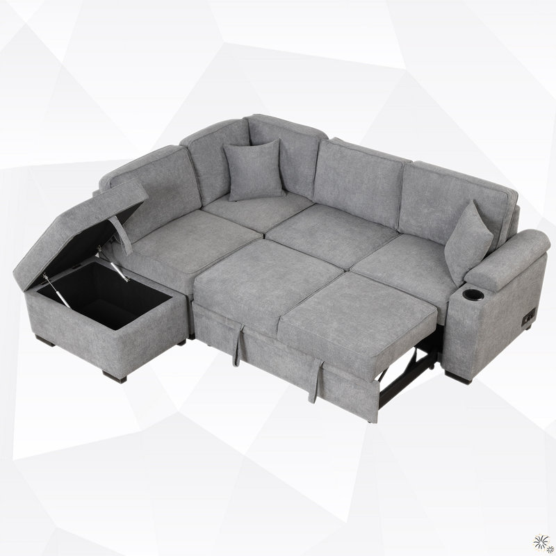 Canapé-lit et chaise longue avec repose-pieds de gauche de 84,5 po Cassan, Mélange de lin gris