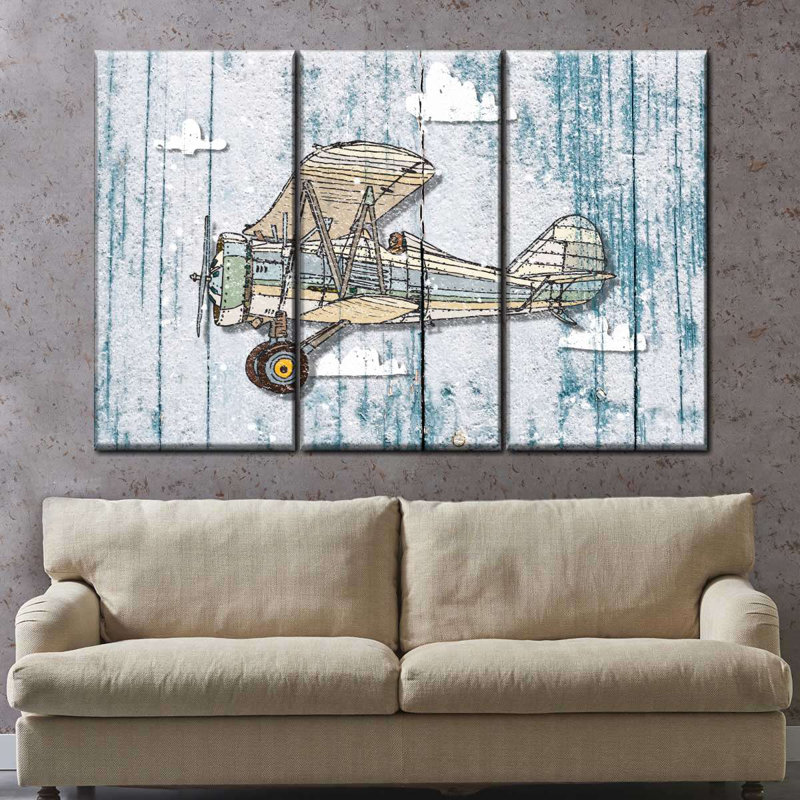 Caricature d'un avion rustique - impression sur toile tendue 3 pièces, H 24 po x l 38 po x P 1,25 po