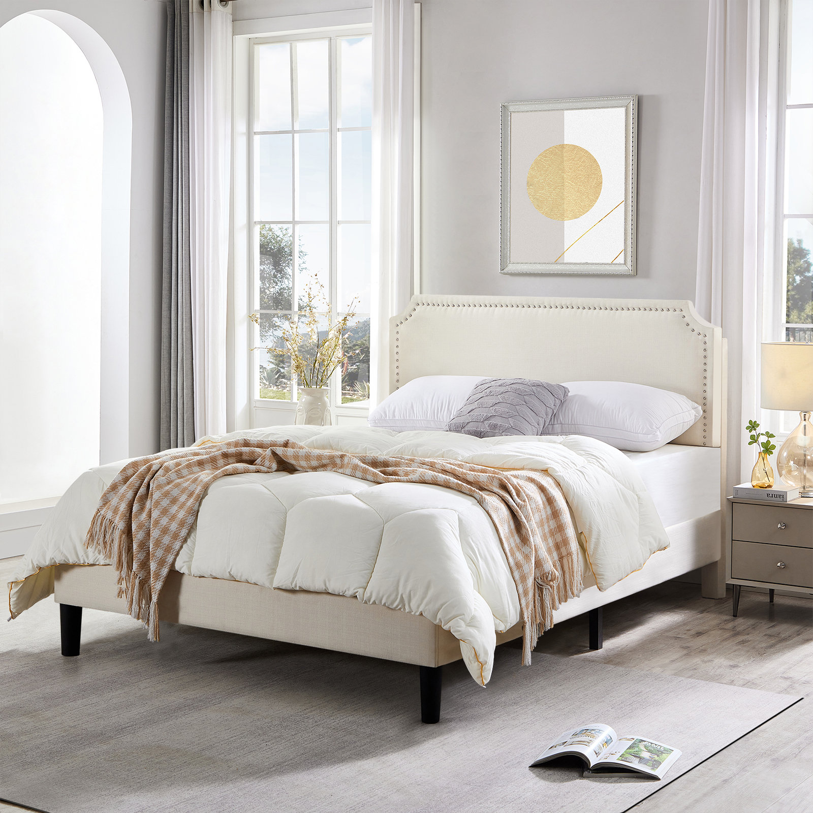 Audrey beige velvet on sale platform bed