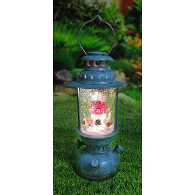 10"H Acrylic LED Lantern w/ Lighthouse Scene - Water Spinning Glitter, Battery - Hand-Painted Resin